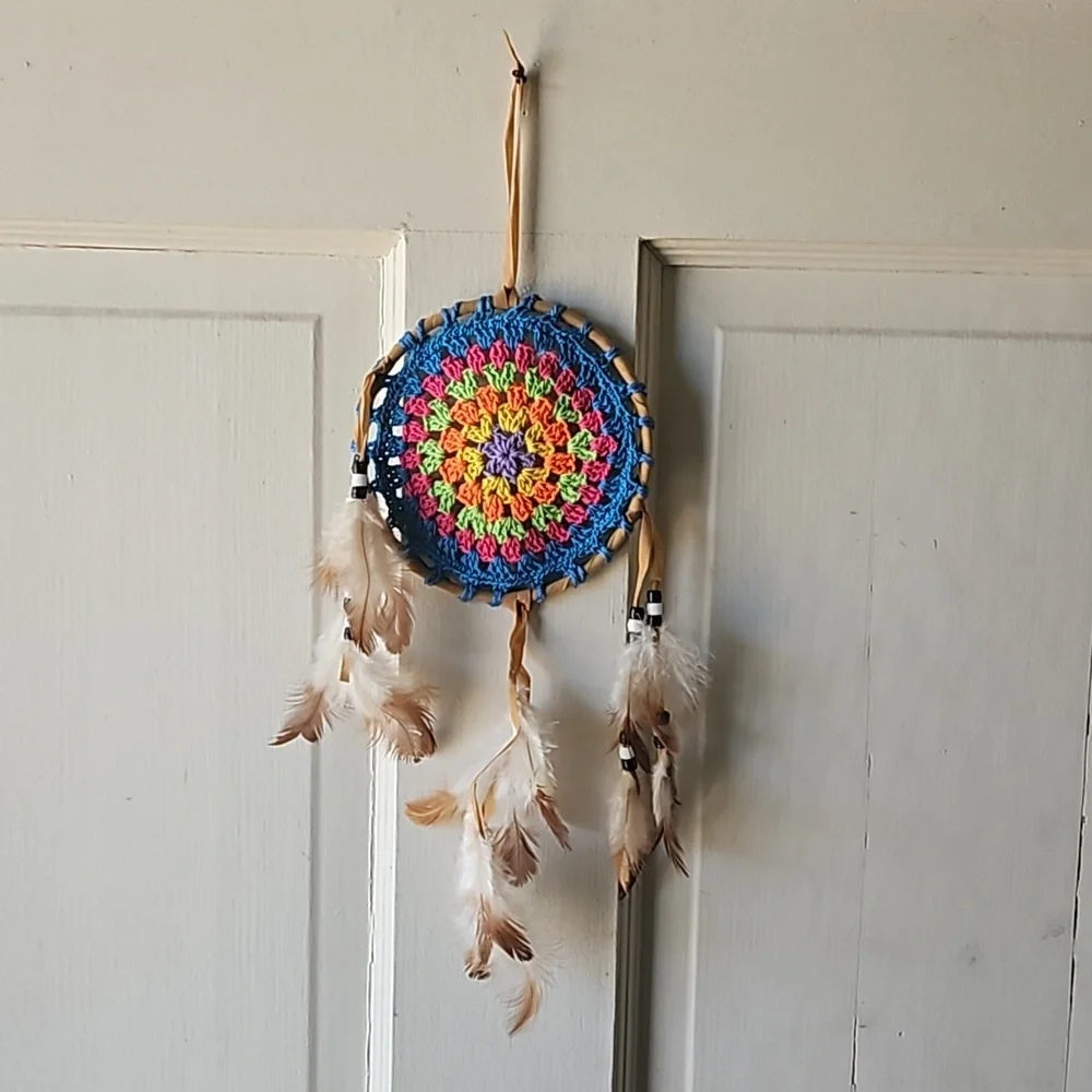 Hand Crafted crochet dreamcatcher multicolored floral eclectic textile decor